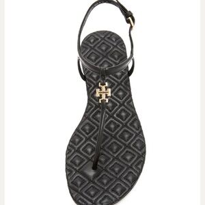 Preowned Tory Burch Marion Quilted Black Leather Gold Logo Sandals Sz 8.5